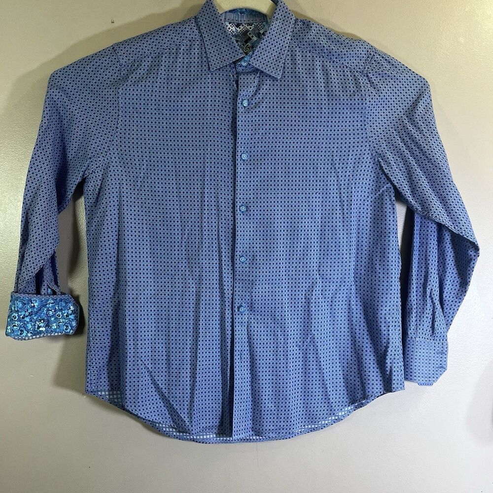 Robert Graham Flip Cuff Shirt Mens Size Large Purple Blue Floral Cuff Geometric